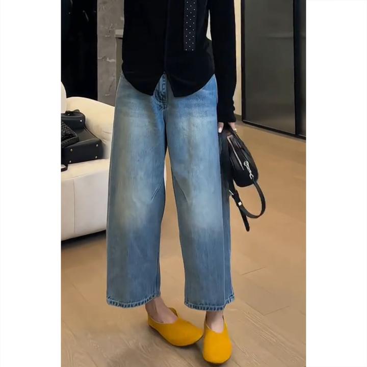 艾塔莉显瘦蓝色宽松牛仔裤子女春夏新款遮肉时尚直筒裤大码阔腿裤