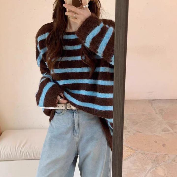 【运补5】条纹一字领撞色毛衣慵懒风大版套头上衣