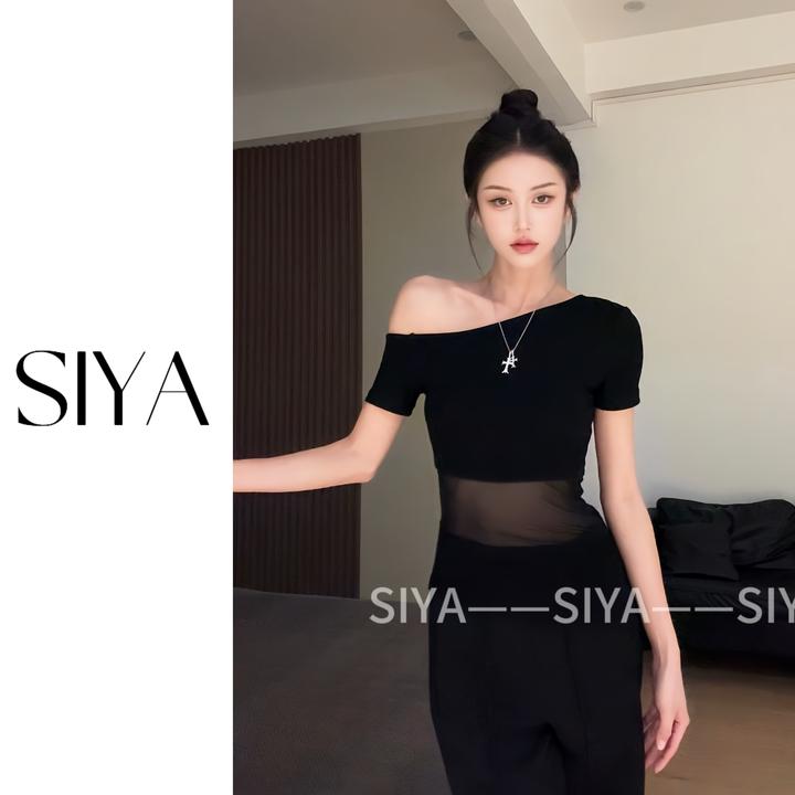 【SIYA】法式镂空黑丝拼接斜肩黑色T恤上衣高腰女夏装