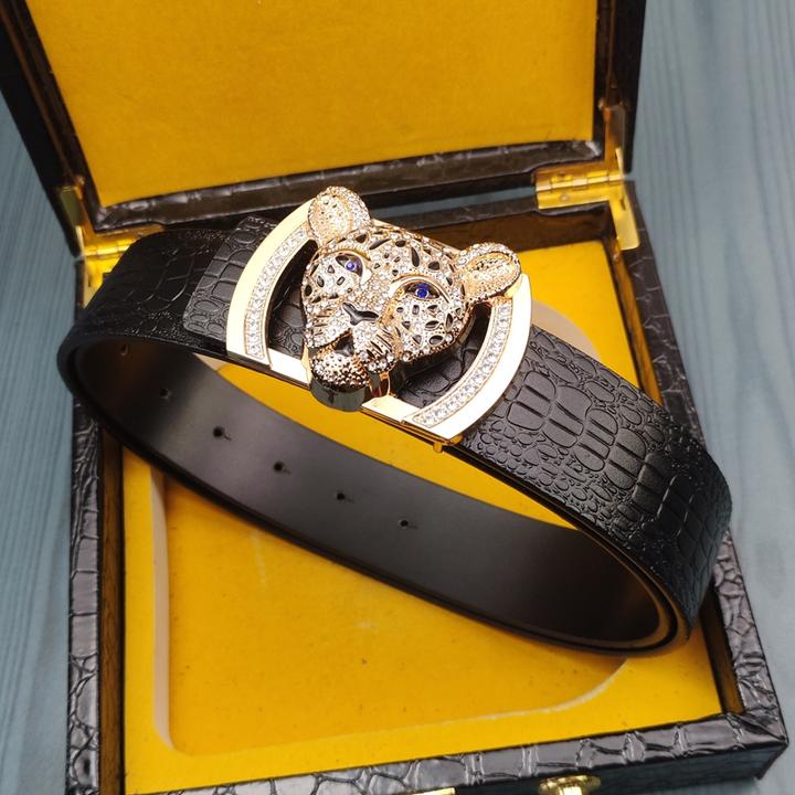 青年高档法式皮带男百搭腰带镶钻真皮牛皮鳄鱼纹平滑扣豹头裤腰带
