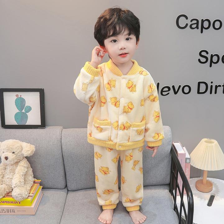 男童睡衣珊瑚绒秋冬款加厚男孩宝宝法兰绒套装冬季儿童开衫家居服