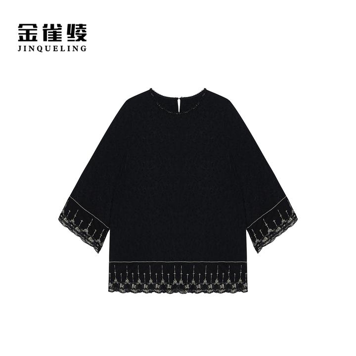 金雀绫【黑金萝】法式设计师款蕾丝圆领大码女装衬衫SZA1S055