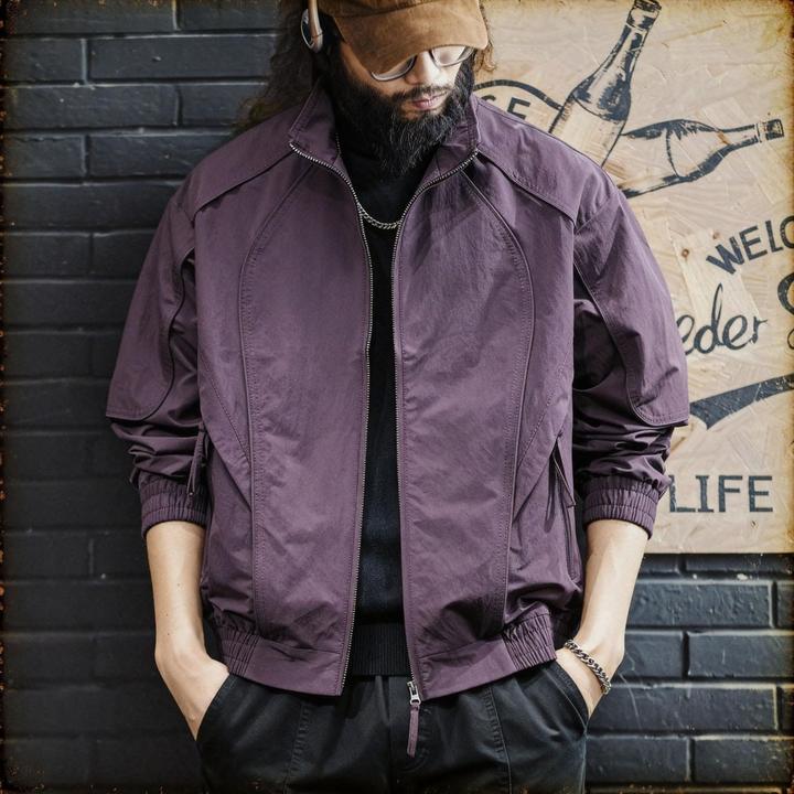 秋季新款竖条纹夹克男长袖2025美式复古潮牌大码男士拼接外套春秋