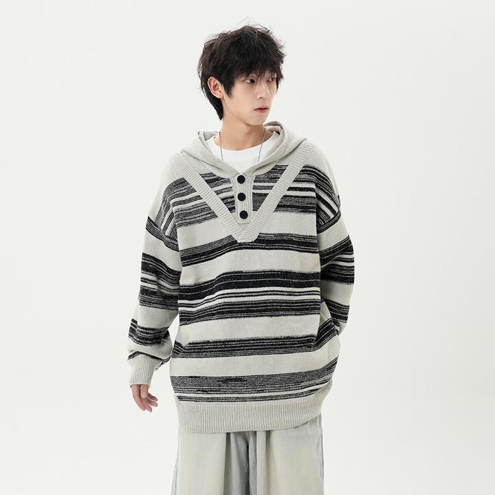 秋冬季青少年撞色条纹假两件毛衣新款长袖连帽针织衫外套美式