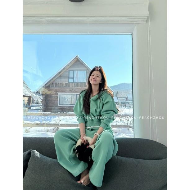 PEACHZHOU 冰川绿抓绒连帽拉链卫衣外套松紧腰立裁直筒卫裤套装女