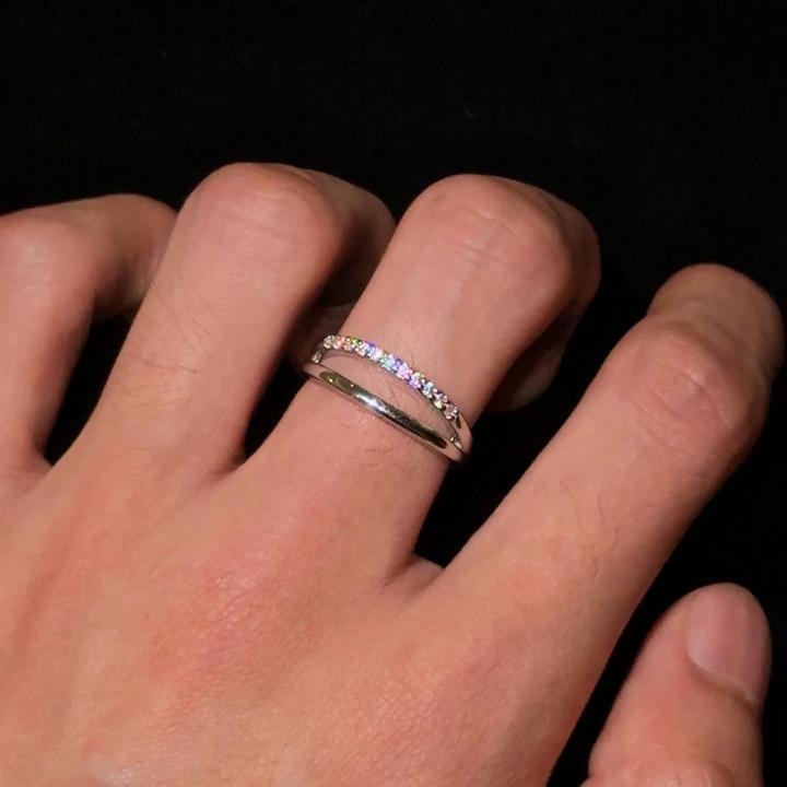 合金合成锆石戒指 原创设计双环开口戒男女款镶嵌爆闪冰糖指环ins