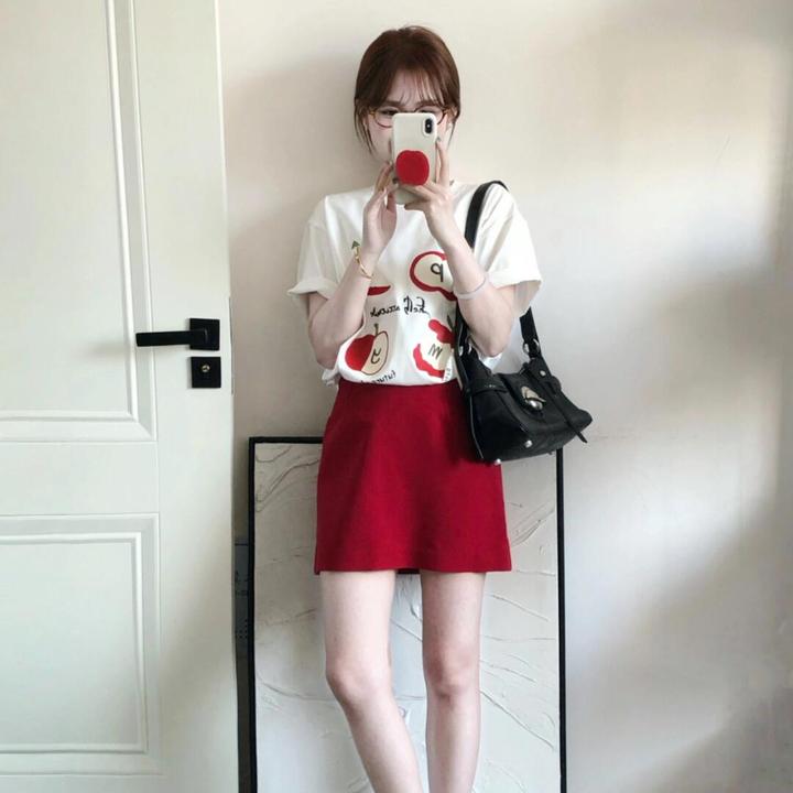 【亚当的盛夏】时尚韩系多巴胺气质白色印花苹果T恤红色高腰半裙女