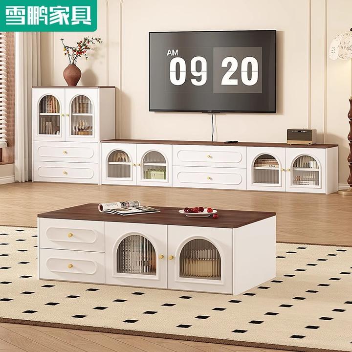 2025新款客厅法式复古落地电视柜茶几组合边柜收纳储物一体6D131