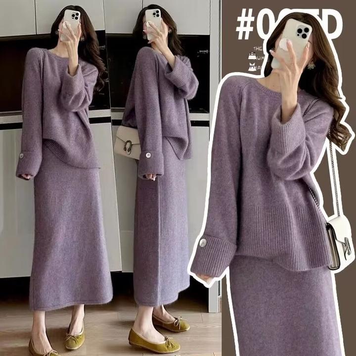 2025年秋冬新款慵懒风圆领套头毛衣+可调节孕妇半身裙针织洋气