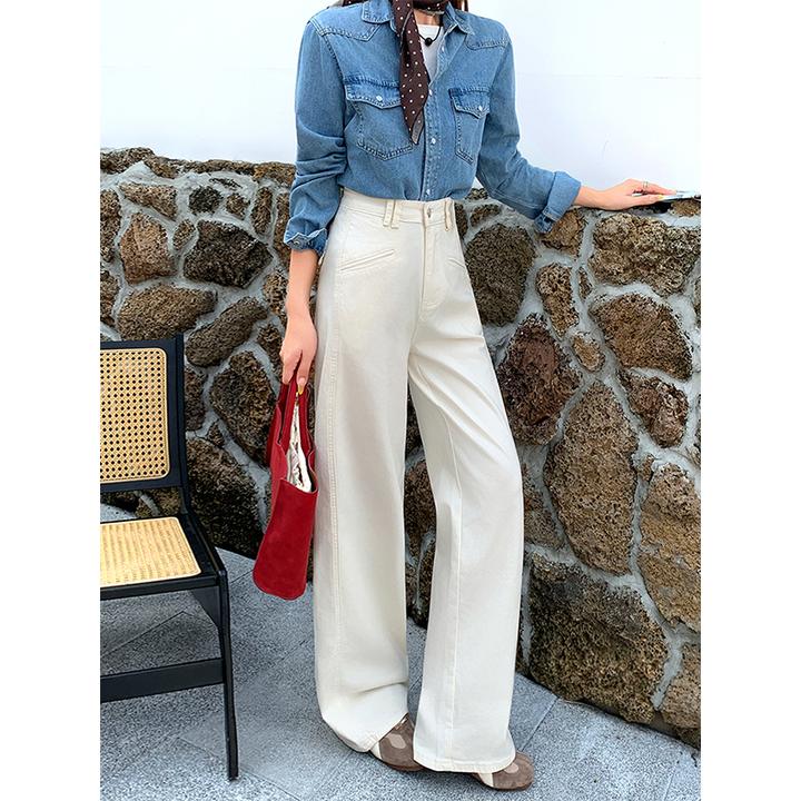 美思源白色阔腿牛仔裤女宽松美式2025秋季新款弹力高腰直筒拖地裤