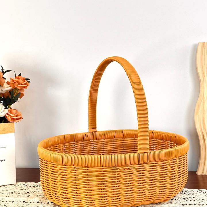 创意月子手提篮手工鸡蛋花篮椭圆采摘藤编编织收纳郊游买菜零食筐