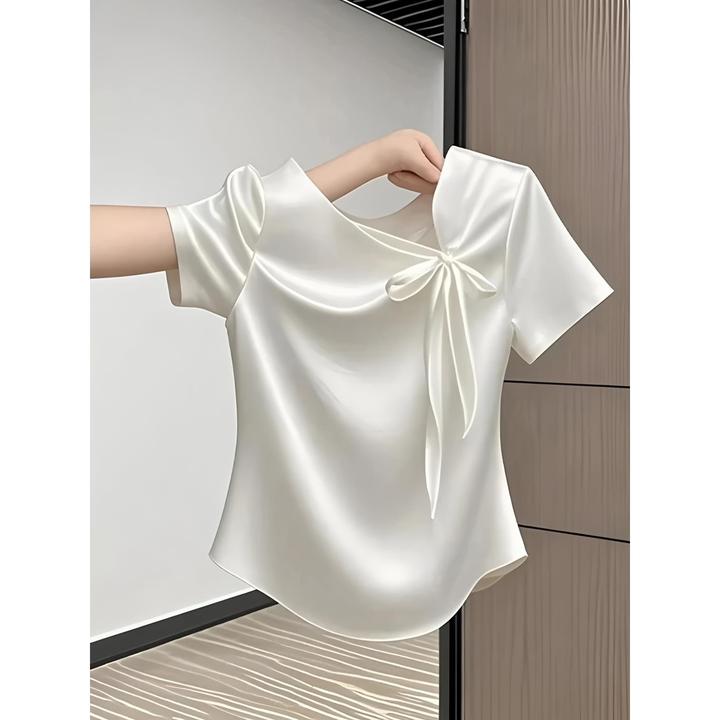 大码法式蝴蝶结短袖上衣胖妹妹夏季百搭显瘦白色设计感衬衫女小衫