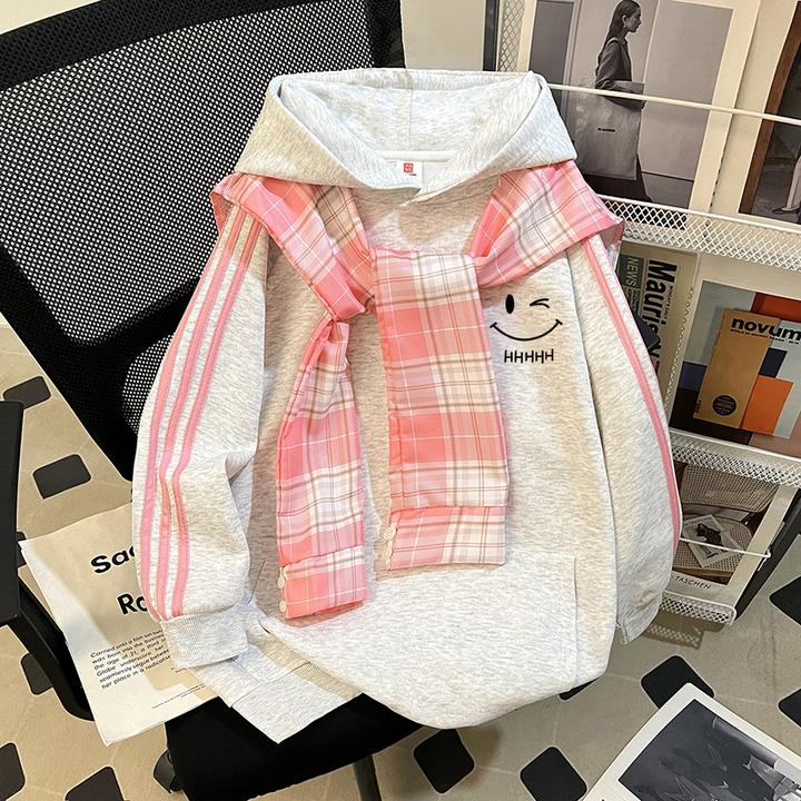 大码300斤薄款格子拼接连帽卫衣韩版秋冬季时尚洋气休闲百搭上衣
