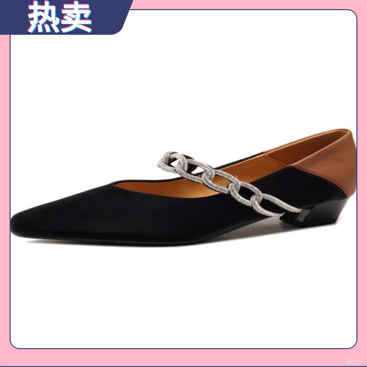 法式2025春夏新款复古浅口粗跟拼色真皮方头水钻百搭玛丽珍单鞋女