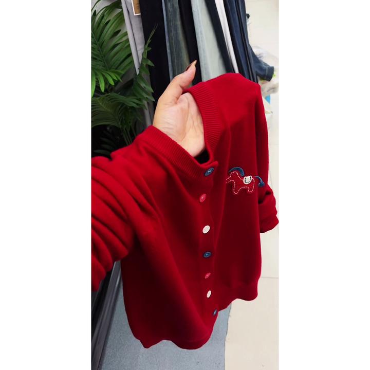 趣味小马标彩色扣针织开衫秋冬宽松时尚百搭外穿圆领开衫外套