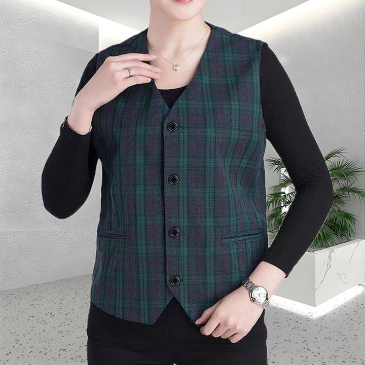 春秋格子女士马甲宽松型短款薄款马夹上衣格子百搭马甲女外穿休闲