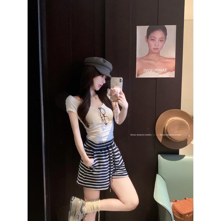 蕾丝拼接抽绳休闲短裤女夏季撞色条纹阔腿裤高腰直筒裤子a字热裤