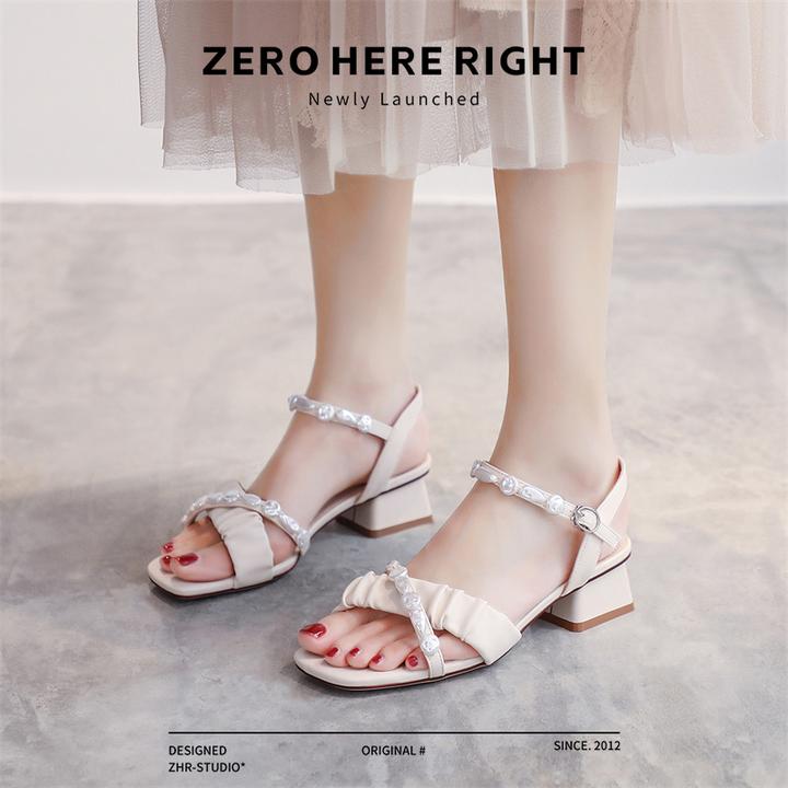 ZHR珍珠露趾凉鞋女2025新款夏时尚一字带单鞋粗跟百搭淑女鞋