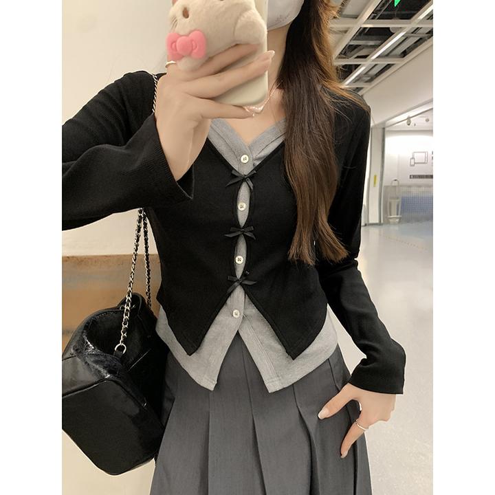 假两件拼接撞色结长袖开衫女春季新款t恤设计感小众修身上衣