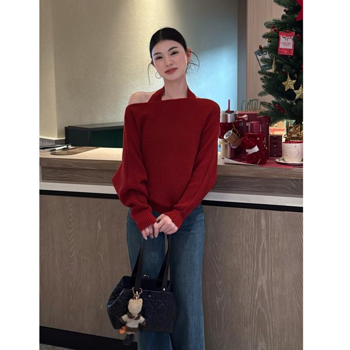 运补6-10元【法式焦点】温柔纯欲设计感两件套挂脖宽松百搭厚款毛衣