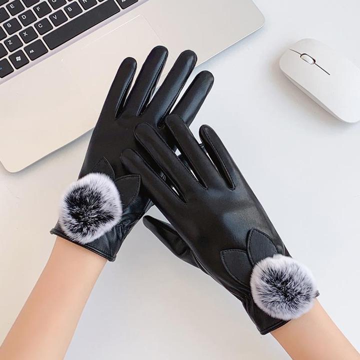 皮手套女秋冬季骑车加绒保暖加厚新款球薄款触屏开车防风防寒防水