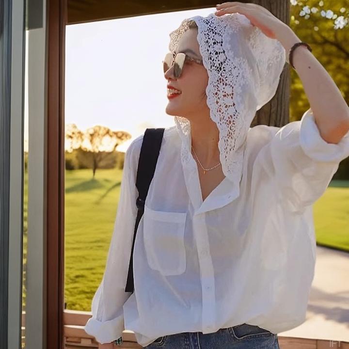 上衣钩花宽松时尚气质镂空女夏天防晒衫薄款洋气衬衣长袖法式连帽