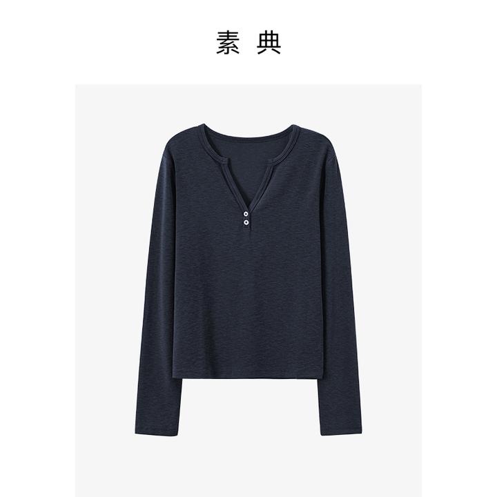 素典【云朵打底】秋季V领长袖休闲修身T恤显瘦常规百搭纯色打底5306