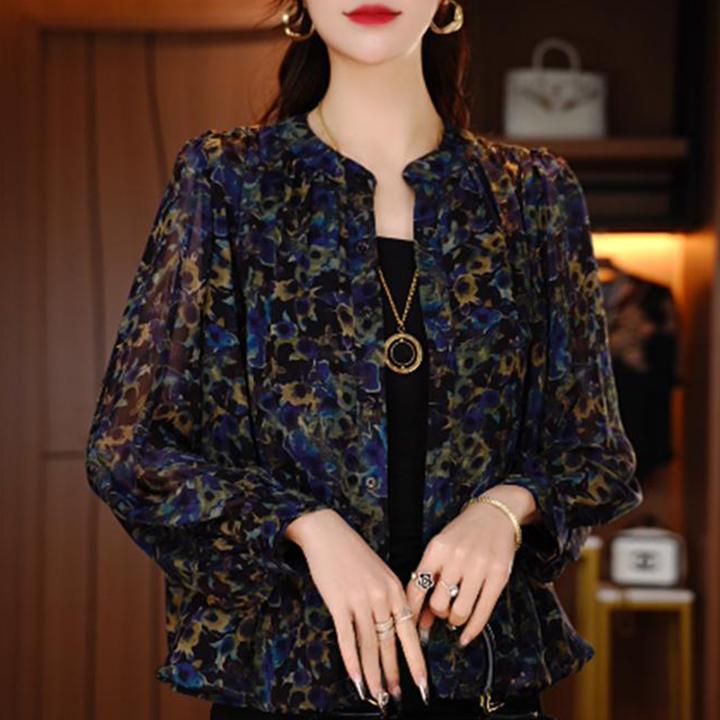 蓝色印花短款开衫女洋气减龄新款上衣C中年妈妈装宽松薄款衬衫女