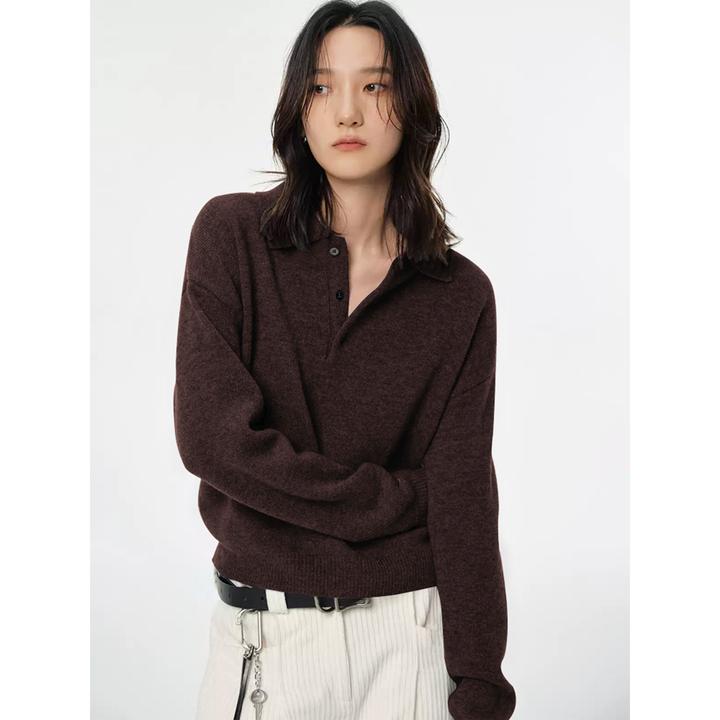 2025灰色Polo领套头毛衣女秋冬款式慵懒内搭短款打底翻领针织上衣