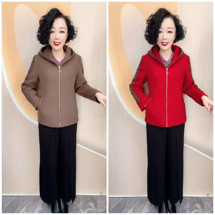 8849新款连帽纯色加里衬时尚宽松大码羊毛混纺休闲外套，衣长67