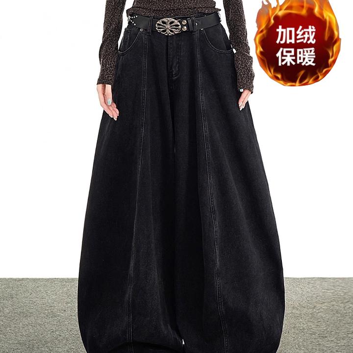 美式复古廓形弯刀气球牛仔裤女秋冬阔腿显瘦加绒加厚阔腿拖地裤潮