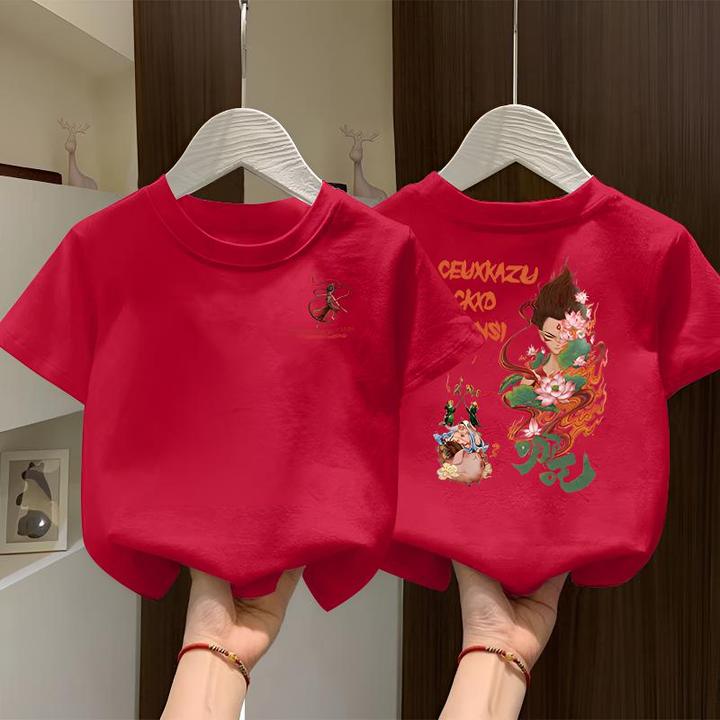 2025新款爆款魔丸哪吒卡通印花国潮中国风春夏短袖男童女童T恤衫