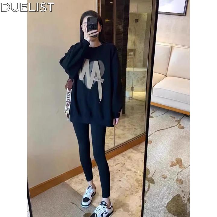 DUELIST小众黑色纯棉运动衫女长袖秋冬时尚潮流加厚宽松中长上装