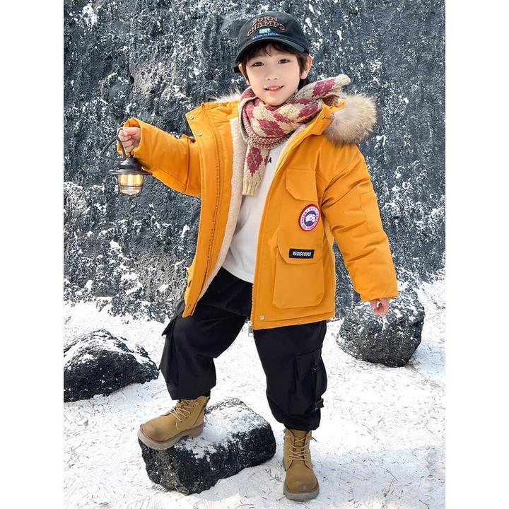 巴拉开门喜儿童服冬装新款男童派克服男宝宝红色冬季加绒加厚棉服