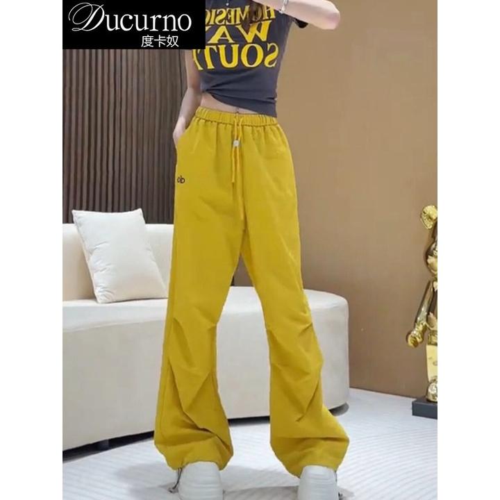 速干工装伞兵裤美式多巴胺黄色刺绣阔腿裤速干长裤百搭感新款宽松