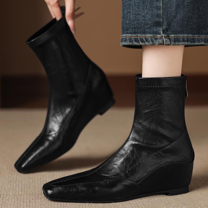 小个子内增高方头瘦瘦靴百搭时髦平底短靴大码英伦风复古大码靴子
