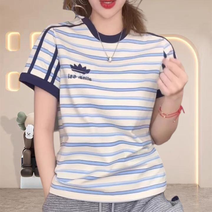 纯棉洋气衣服女2025夏季新款正肩撞色时尚刺绣显瘦百搭短袖t恤女