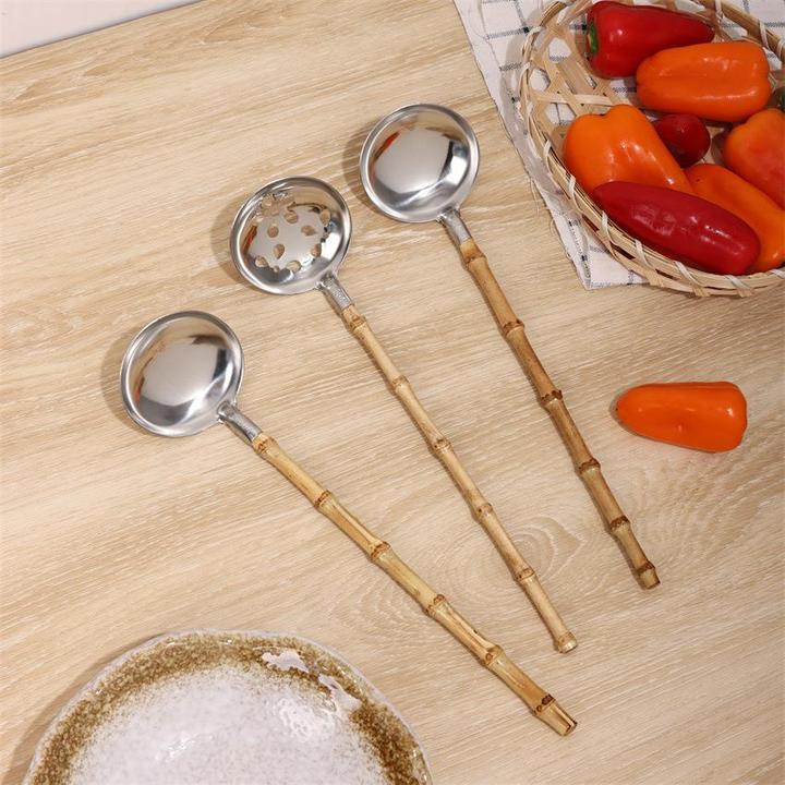 日式餐具竹节汤勺日料竹柄漏勺304不锈钢勺子饭店竹勺竹根火锅勺
