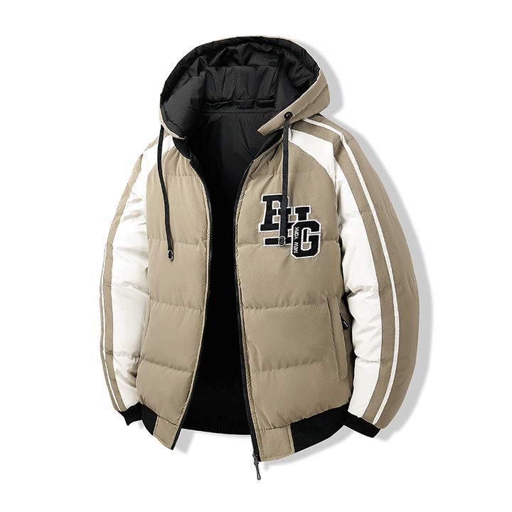 稻草人新款冬季男士三条杠棉衣时尚棉服欧美撞色保暖宽松连帽拼接