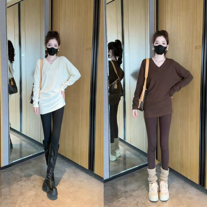 V领素版蝙蝠袖磨毛百搭T裙+打底裤时尚套装