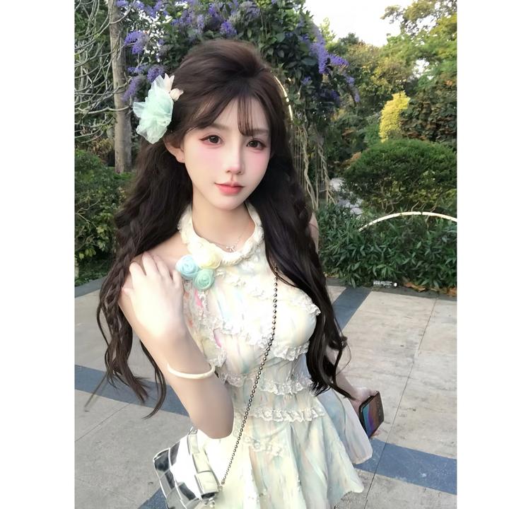 茉莉青绿 夏季甜美显瘦收腰设计感连衣裙法式新款高级感蓬蓬裙女