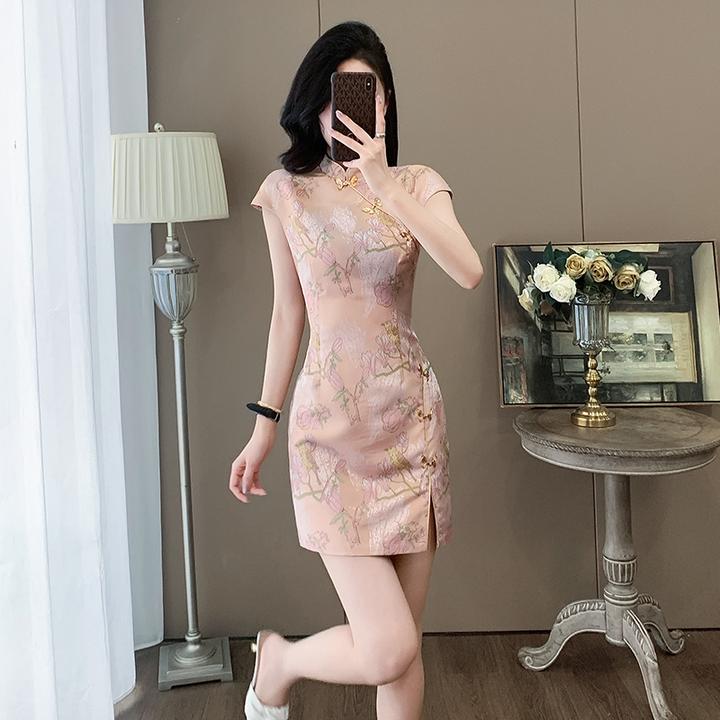 夏季时尚高端绝美修身旗袍短裙女国风盘扣新中式提花连衣裙高级感