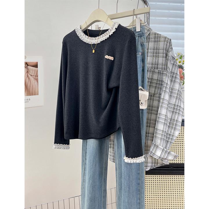 2025冬季保暖加厚内搭花边拼接圆领长袖T恤加绒宽松百搭打底上衣