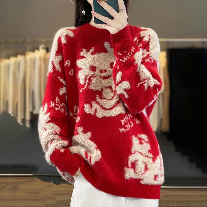 哥弟阿玛施正品冬季生肖龙新年款红色纯羊毛衫女慵懒风内外搭上衣