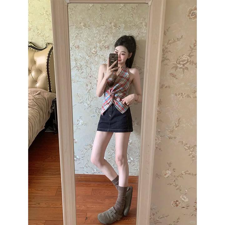 夏季法式复古V领露背格子挂脖背心收腰格纹高腰牛仔短裙两件套女