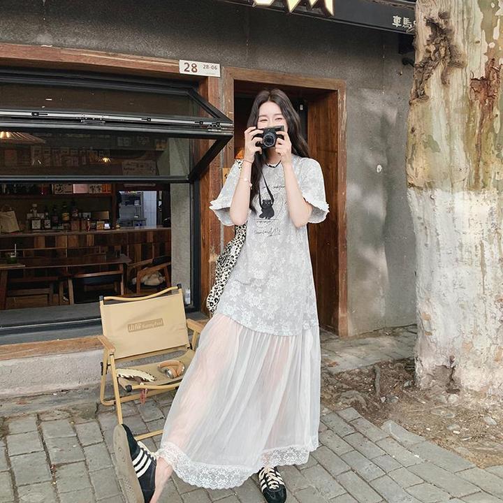 韩系绝美独特网纱拼接连衣裙女夏季2025新款时尚松弛感气质仙女裙