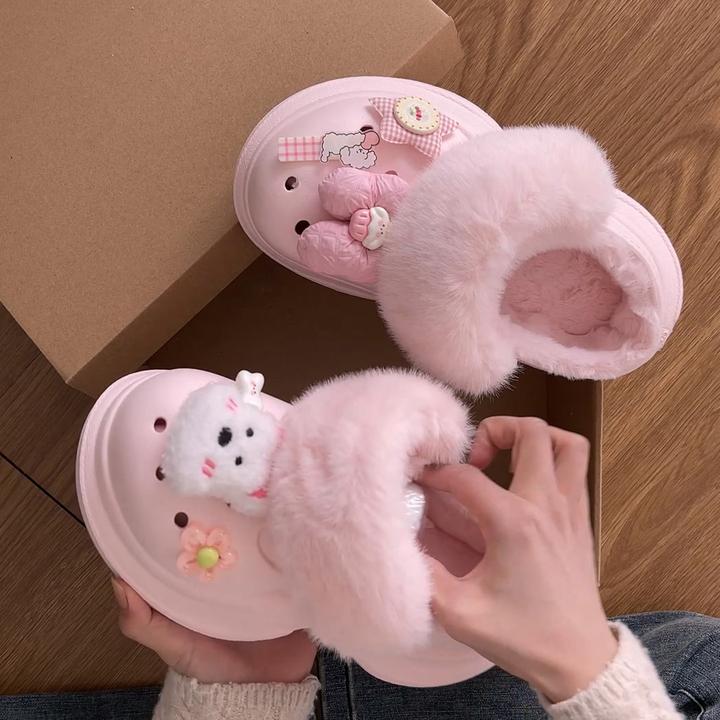 可爱卡通加绒洞洞鞋女外穿2025新款秋冬季厚底增高保暖包头棉拖鞋