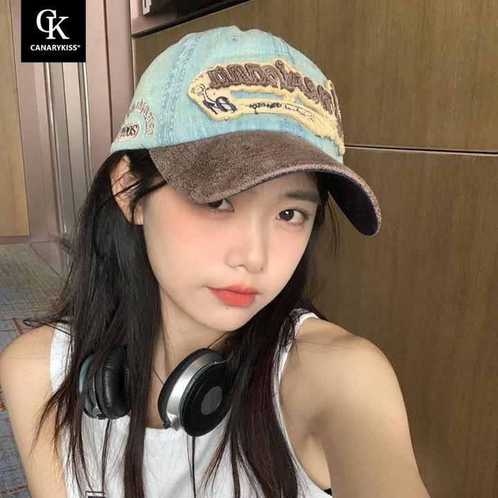Canary Kiss做旧英文棒球帽女百搭遮阳帽大头围显脸小牛仔鸭舌帽