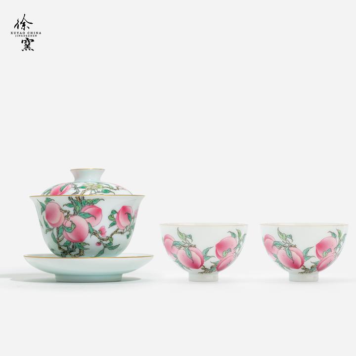 徐窑 经典款茶器系列套组 九桃圆融盖碗五桃鸡心杯一盖两杯景德镇
