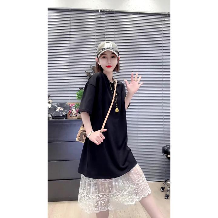 欧货新款时尚宽松中长款短袖T恤叠穿蕾丝半身裙两件套女